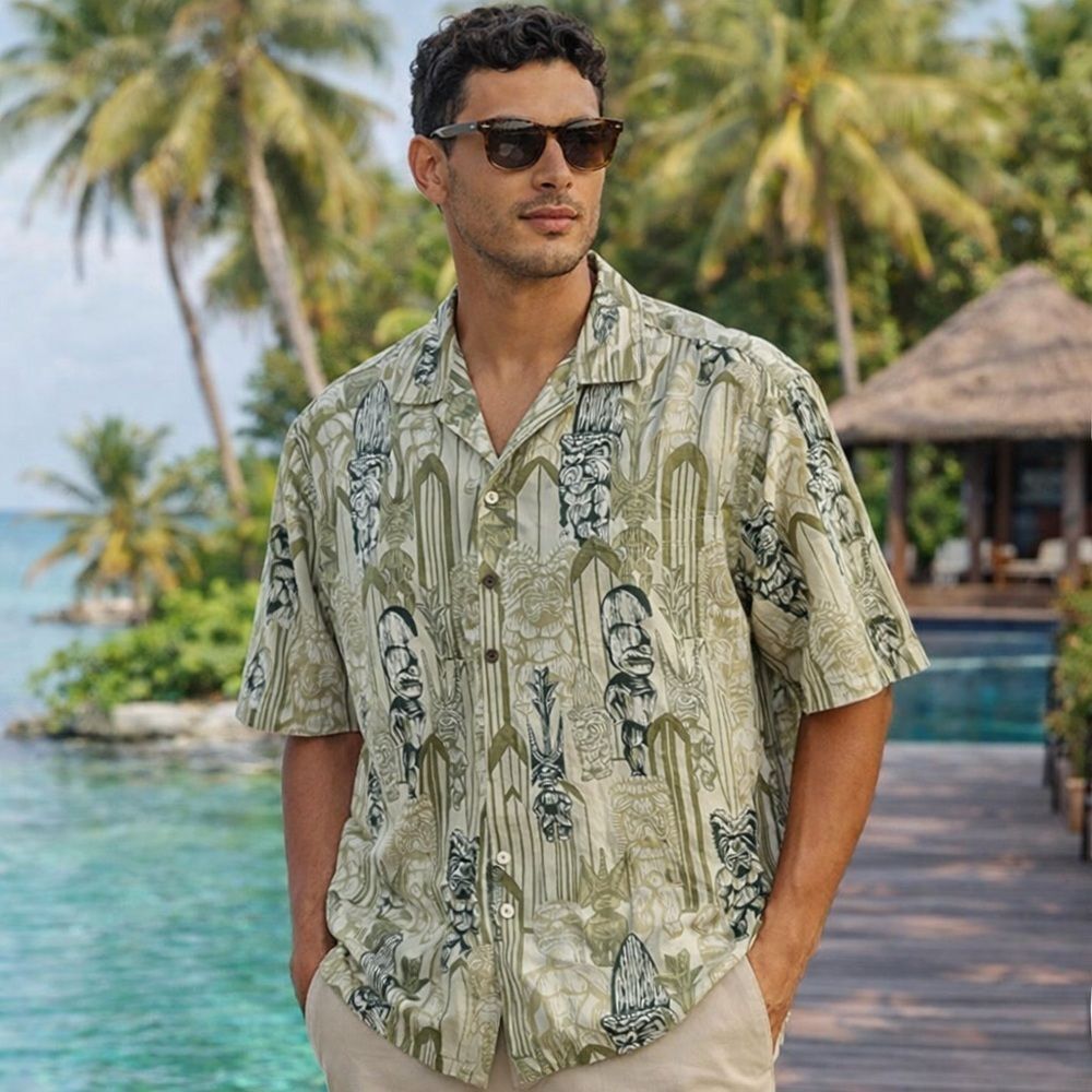 Pacific Legend Hawaiian Shirt Tiki Print Resort Camp Shirt | Retro Vacation